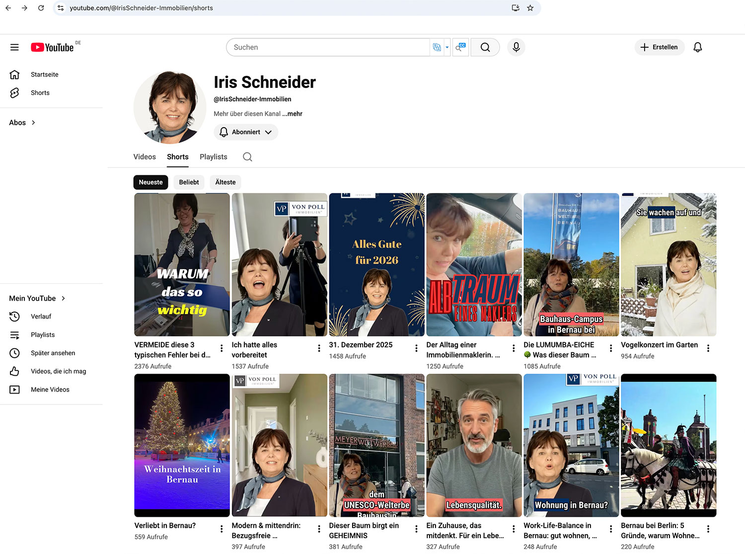 Übersicht des YouTube-Shorts-Kanals von Iris Schneider, Immobilienberaterin bei VON POLL Immobilien, mit Experten-Reels zu Immobilienverkauf, Standort Bernau bei Berlin, Lebensqualität, Bauhaus-Umfeld und Makleralltag.